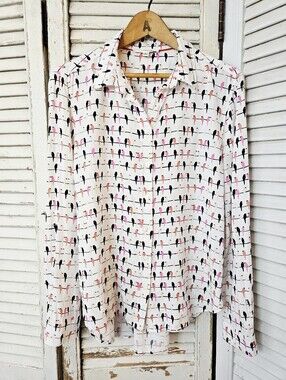 Jane And Delancey Pink And Black Birds On A Wire Print Flowy Rayon Blouse Medium